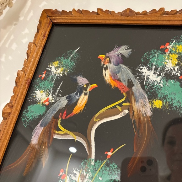 Vintage Mexican feather art bird paintings carved wood frames SET OF TWO 12X10 - Picture 12 of 14
